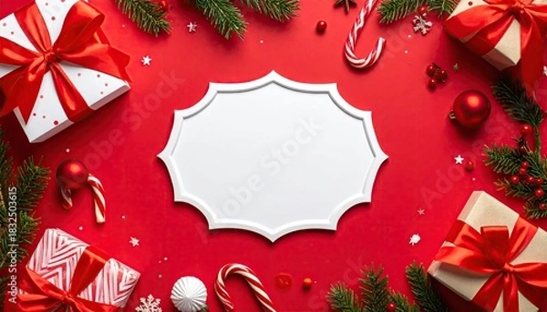 Obraz Festive Christmas flat lay with gift boxes pine branches and candy canes on red background.