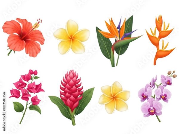 Fototapeta Collection of colorful tropical flowers including hibiscus, plumeria, orchid and bird of paradise isolated on transparent background
