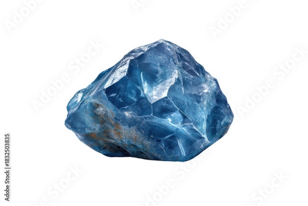 Fototapeta Raw blue crystal with internal fractures and earthy inclusions on black mineral stone