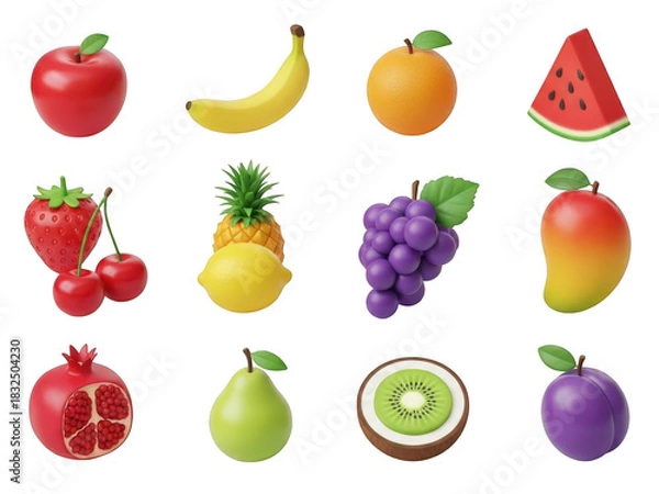 Fototapeta Collection of twelve diverse, isolated 3d fruits including apple, banana, orange, watermelon, strawberry isolated on transparent background