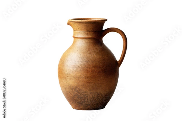 Fototapeta Rustic brown ceramic jug with handle and spout on black background pottery earthenware