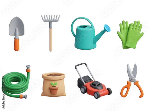 Fototapeta Gardening tool set collection isolated 3d render: trowel, rake, watering can, gloves, hose isolated on transparent background