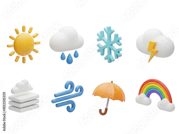 Fototapeta Collection of 3d weather icons: sun, rain, snow, storm, fog, wind, umbrella, rainbow isolated on transparent background