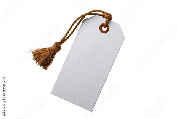 Fototapeta White rectangular tag with brown string and tassel on black background label blank