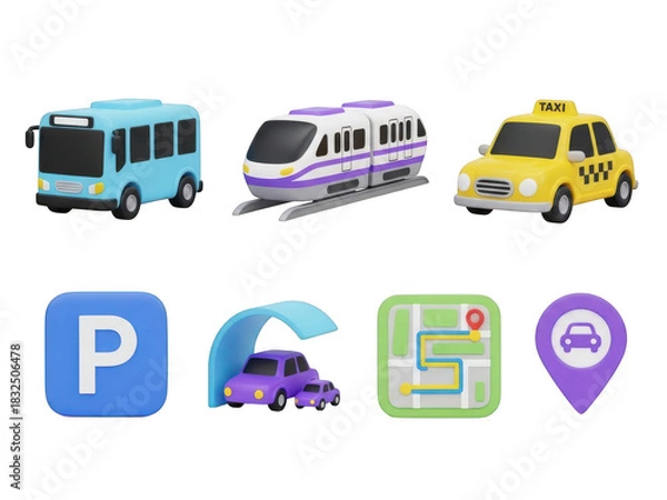 Fototapeta Collection of transportation icons: bus, train, taxi, parking, map, car location isolated on transparent background