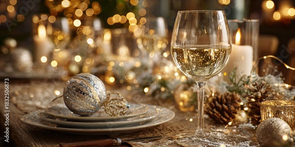 Obraz Festive table setting for a gala dinner with porcelain tableware and crystal wine glasses for Christmas and New Year's