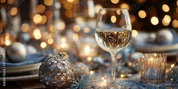 Obraz Festive table setting for a gala dinner with porcelain tableware and crystal wine glasses for Christmas and New Year's