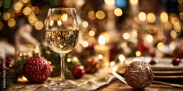 Obraz Festive table setting for a gala dinner with porcelain tableware and crystal wine glasses for Christmas and New Year's