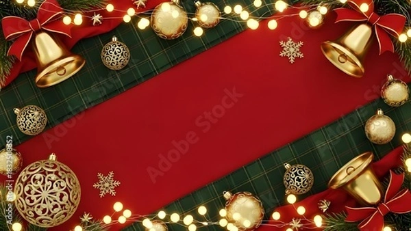 Fototapeta Christmas Cheer Decoration: A festive display of twinkling lights, golden bells, shimmering ornaments, snowflakes, and festive ribbons frames a blank canvas for holiday messages.