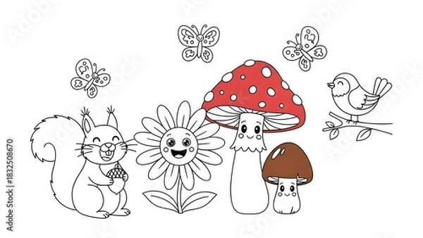 Fototapeta Whimsical Woodland Illustration: A charming illustration depicts a collection of woodland elements with delightful smiles, including a squirrel, flowers, mushrooms, butterflies and birds.