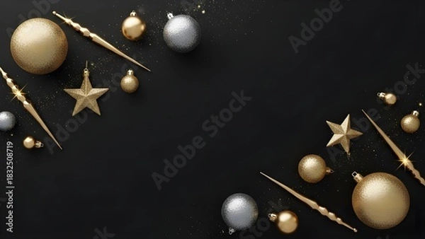 Fototapeta Holiday Sparkle: Golden and silver ornaments with stars create an eye-catching design, offering a festive and glamorous visual, ideal for holiday and celebratory themes.
