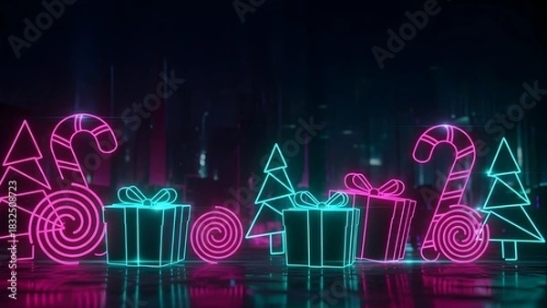 Fototapeta Neon Christmas Wonders: Enchanting neon lights paint a vibrant scene of holiday cheer, with intricately designed gift boxes, candy canes, and festive trees. A truly mesmerizing holiday atmosphere.