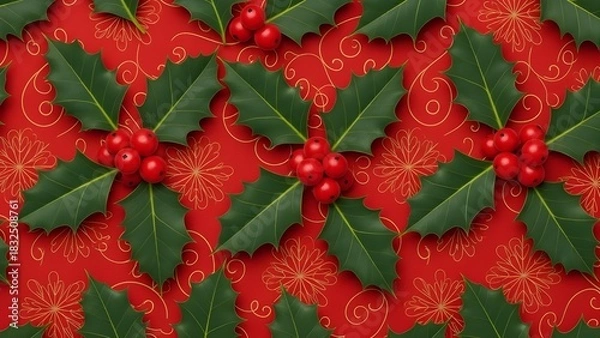 Fototapeta Festive Holly Pattern: A vibrant arrangement of holly branches with vibrant red berries. perfect for seasonal greetings.