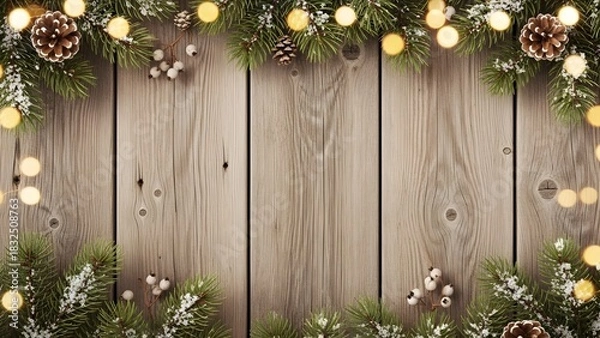 Fototapeta Christmas Festive Decoration: A festive display frames wooden planks with evergreens, illuminated string lights, and pine cones, creating a warm, inviting backdrop for the holiday season. 