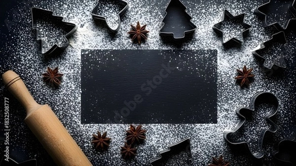 Fototapeta Festive Baking Scene: A culinary display of holiday spirit featuring an array of cookie cutters, star anise, rolling pin, and a dusting of flour.