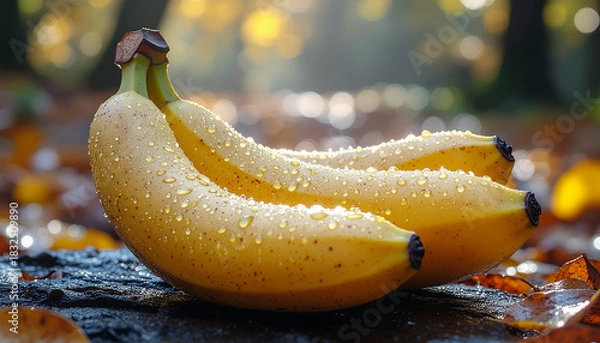 Fototapeta Close-up of ripe bananas with water droplets resting on leaves.