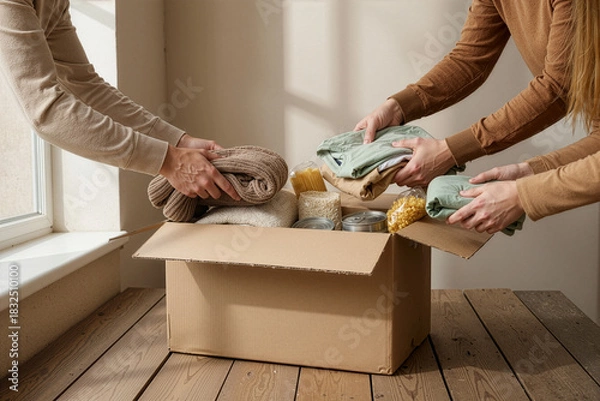 Fototapeta Hands filling donation box with essential items