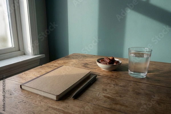 Fototapeta Wooden table with notebook and dates under natural light