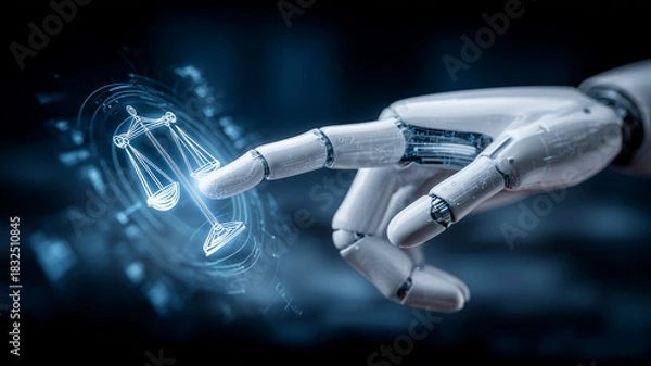 Obraz A robotic hand interacting with a justice scale hologram, symbolizing ethical decision systems and balanced evaluation within artificial intelligence.
