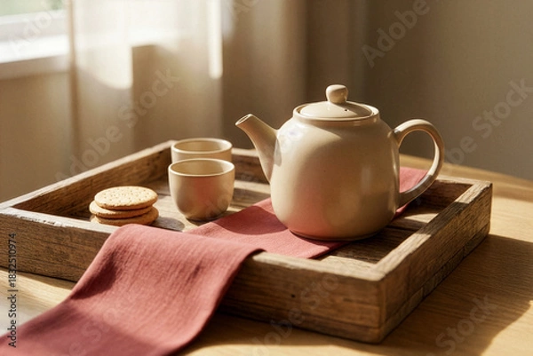 Fototapeta Relaxing tea time with biscuits on a wooden tray