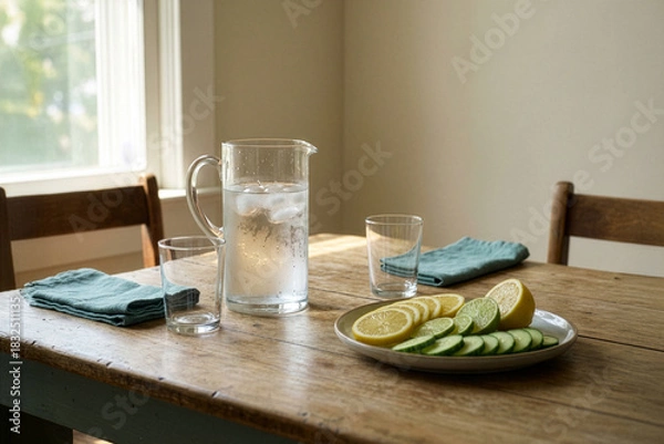 Fototapeta Fresh iced water with lemon lime and cucumber slices on wooden table