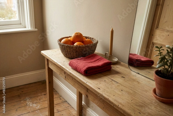 Fototapeta Wooden console table with oranges candle and red fabric