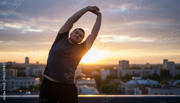 Fototapeta A man stretches joyfully at sunrise embracing a new day filled with energy and positive intention