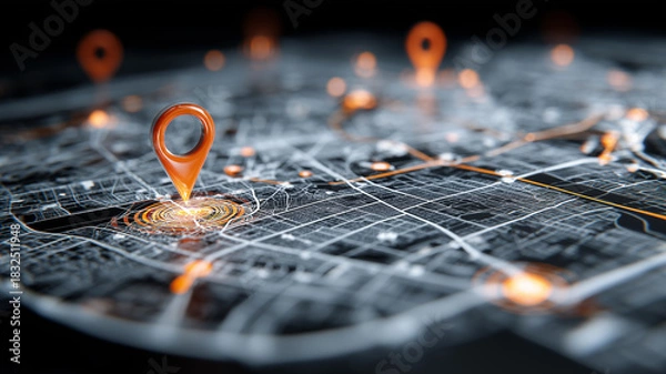 Obraz A strategic mapping concept featuring multiple location markers illuminating specific zones of a city grid symbolizing navigation planning and territorial coordination for precise decision making.
