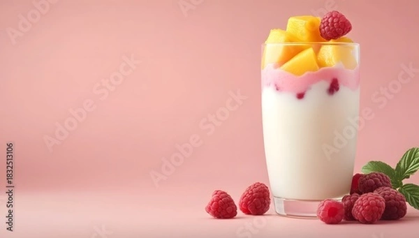 Fototapeta A glass of creamy white yogurt topped with fresh mango and raspberry on a pink background.

