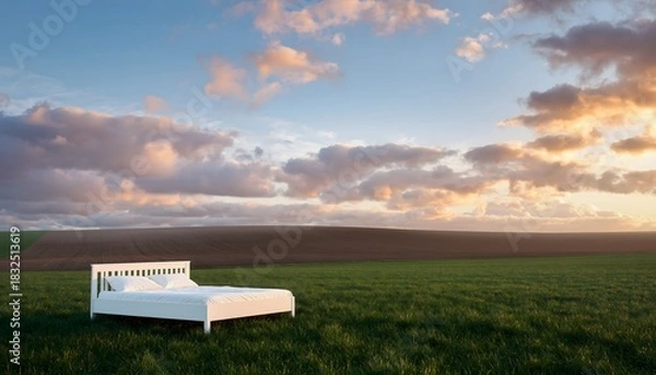 Obraz Dreamy Escape A Bed in the Meadow under a Colorful Sky