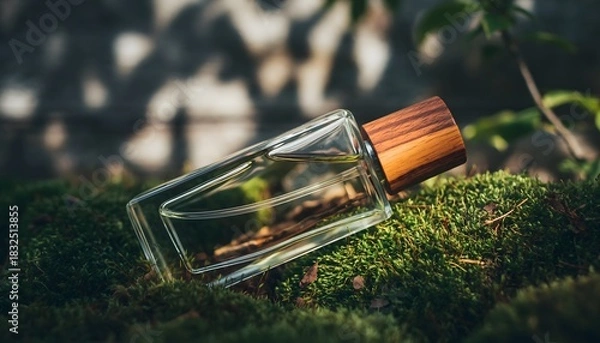 Obraz Luxurious fragrance container with organic wooden detail, artfully displayed on verdant moss, embracing natural beauty