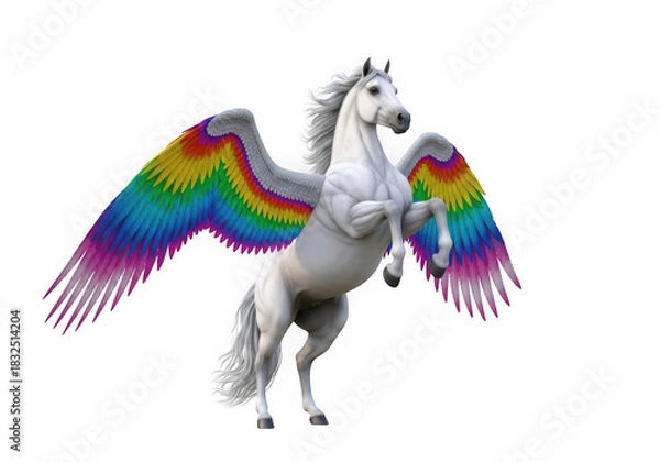 Fototapeta Mythical white pegasus with rainbow wings rearing on isolated background isolated on transparent background