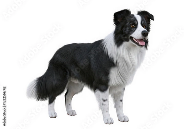 Fototapeta Alert border collie dog standing, black and white fur, alert expression, isolated. isolated on transparent background
