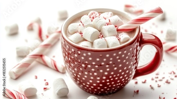 Fototapeta A festive hot cocoa cup topped with marshmallows and candy canes
