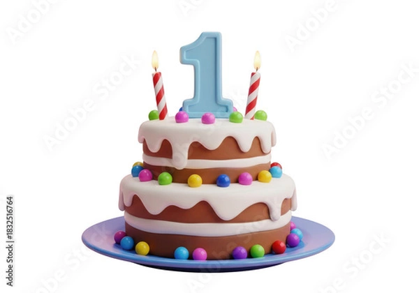 Fototapeta Two-tier birthday cake with blue number 1 candle and colorful candies isolated on transparent background