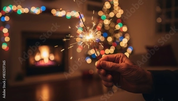 Fototapeta A sparkling firework illuminates warm holiday lights as someone captures a joyful seasonal moment