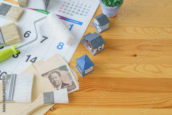 Fototapeta カレンダーと塗装道具と日本のお金｜DIY・リフォーム・塗装業者・スケジュールと費用　イメージ