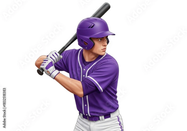 Fototapeta Young male baseball player in purple uniform with helmet and bat, ready to hit. isolated on transparent background