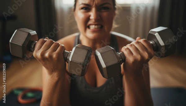 Fototapeta A determined woman lifts dumbbells with strength and focus while pushing herself during an intense workout
