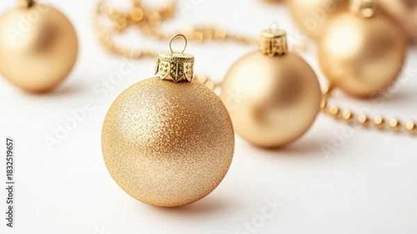 Fototapeta Close up view of golden Christmas ornaments on a white surface