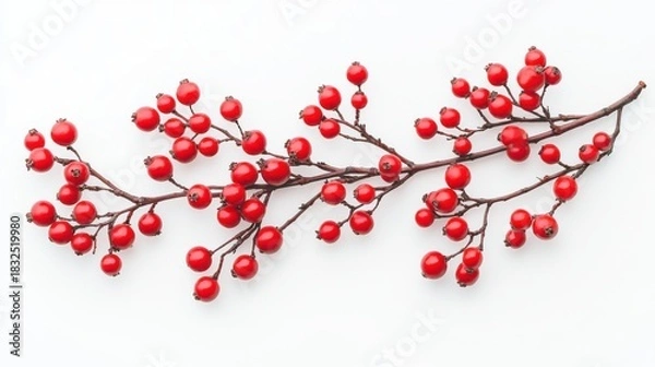Fototapeta Festive red berries on thin branches against a white background
