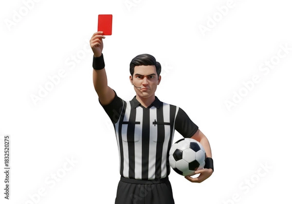 Fototapeta Soccer referee holding red card and ball, disciplinary action, game control, foul, judgment isolated on transparent background