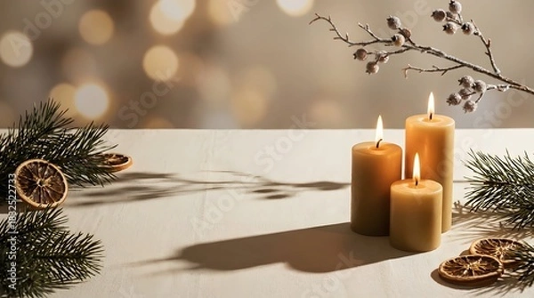 Obraz Warm and inviting holiday season ambiance with lit candles, pine branches, and dried orange slices, creating a cozy festive atmosphere