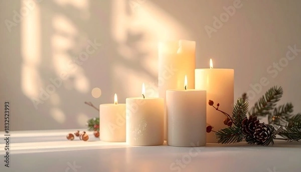 Obraz Gentle glow of lit candles with festive pine sprigs and pinecones, creating a warm and inviting ambiance