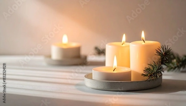 Obraz Warm glow of lit candles on a table with pine needles, creating a cozy and serene atmosphere