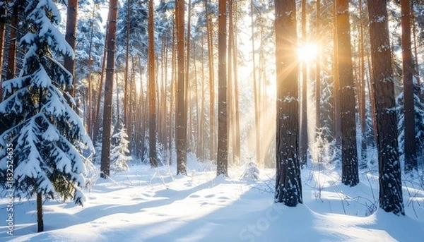 Obraz Golden sunbeams pierce through snow-covered pine trees in a tranquil winter forest landscape