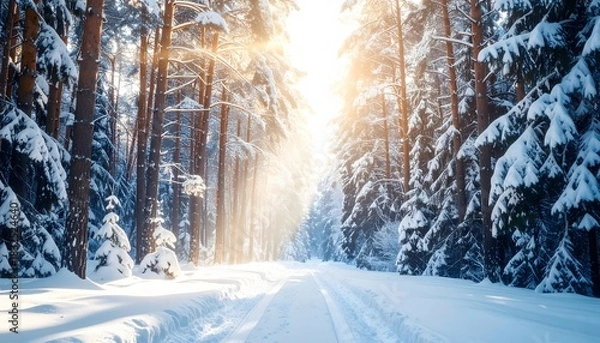 Obraz Golden sunbeams illuminate a snow-covered forest path, creating a tranquil winter wonderland scene with frosty trees