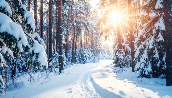 Obraz A tranquil scene of a snow-covered road winding through a coniferous forest during a bright, cold sunrise