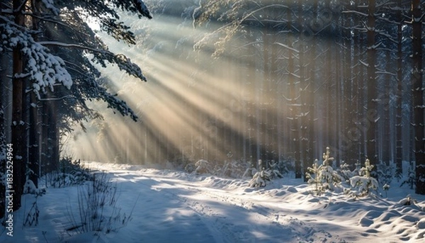 Obraz Winter Sunlight Streams Through Snowy Forest Trail - Serene Nature Scene