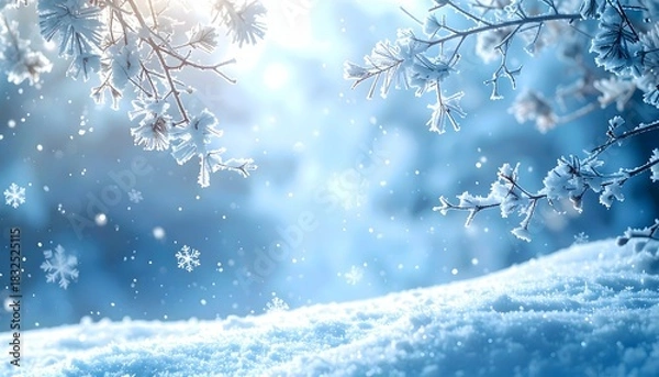 Obraz Winter wonderland scene with snowy branches and soft blue light creating a magical atmosphere